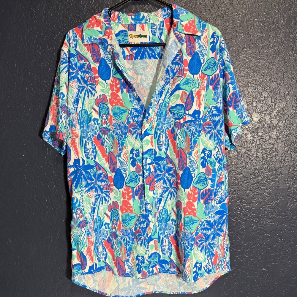 Tipsy Elves‎ Tropical Hawaiian Shirt Men's Large Hula Girl Button Up